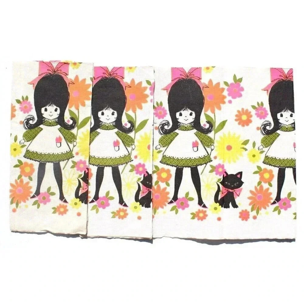 Vtg 1960's 1970's Retro Mod Girl & Cat Paper PICNIC TABLE CLOTH TABLECLOTH